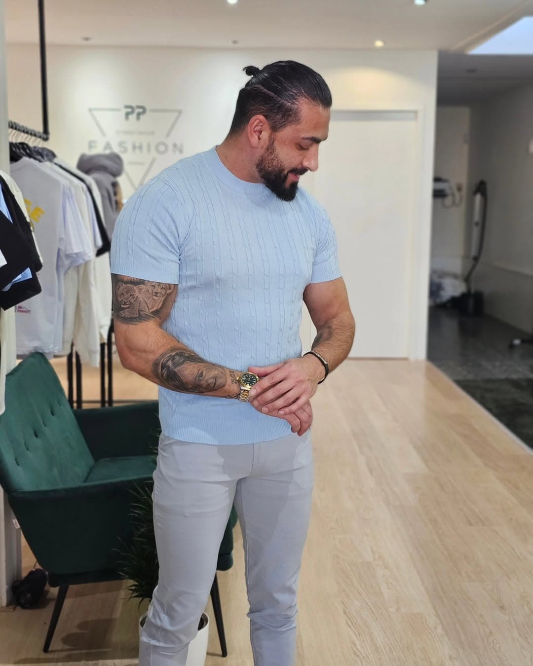 Stijlvolle Gebreid T-shirt Baby Blauw 638