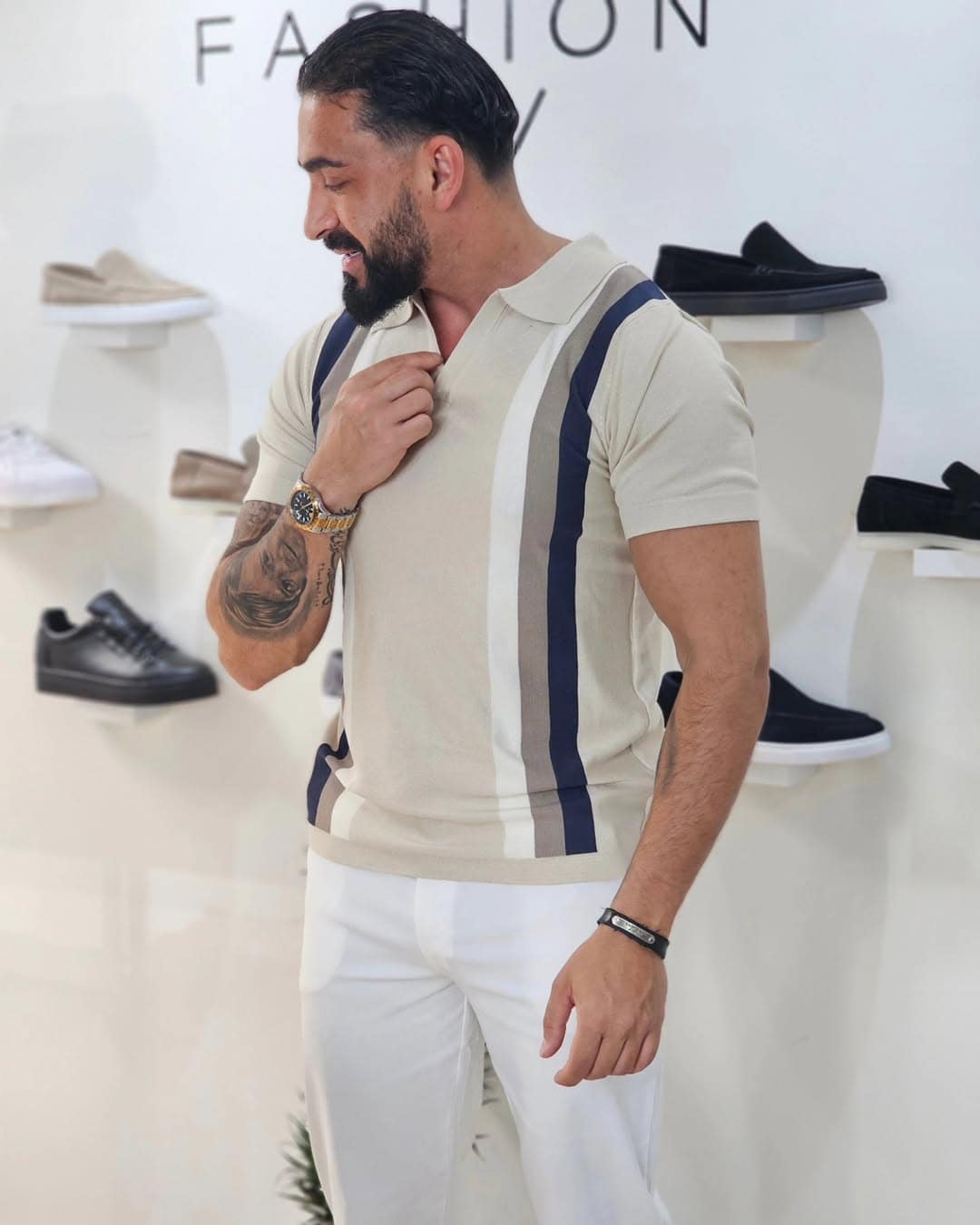 V Polo met zijstrepen Beige 5083