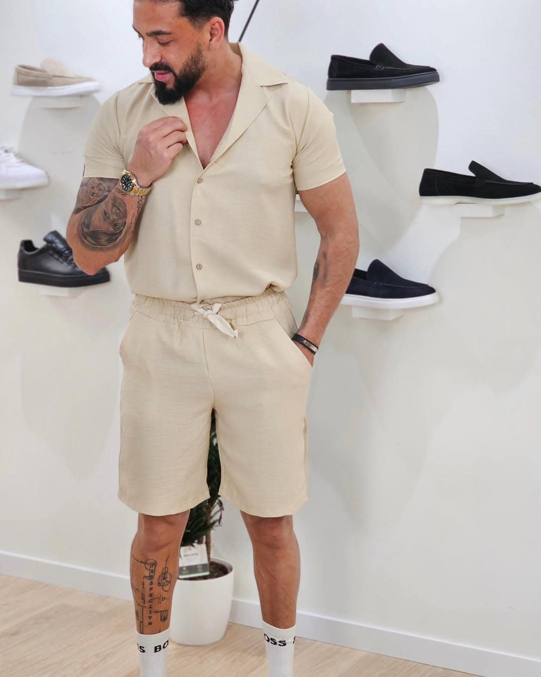 Set van effen shirt en korte broek Beige 16615