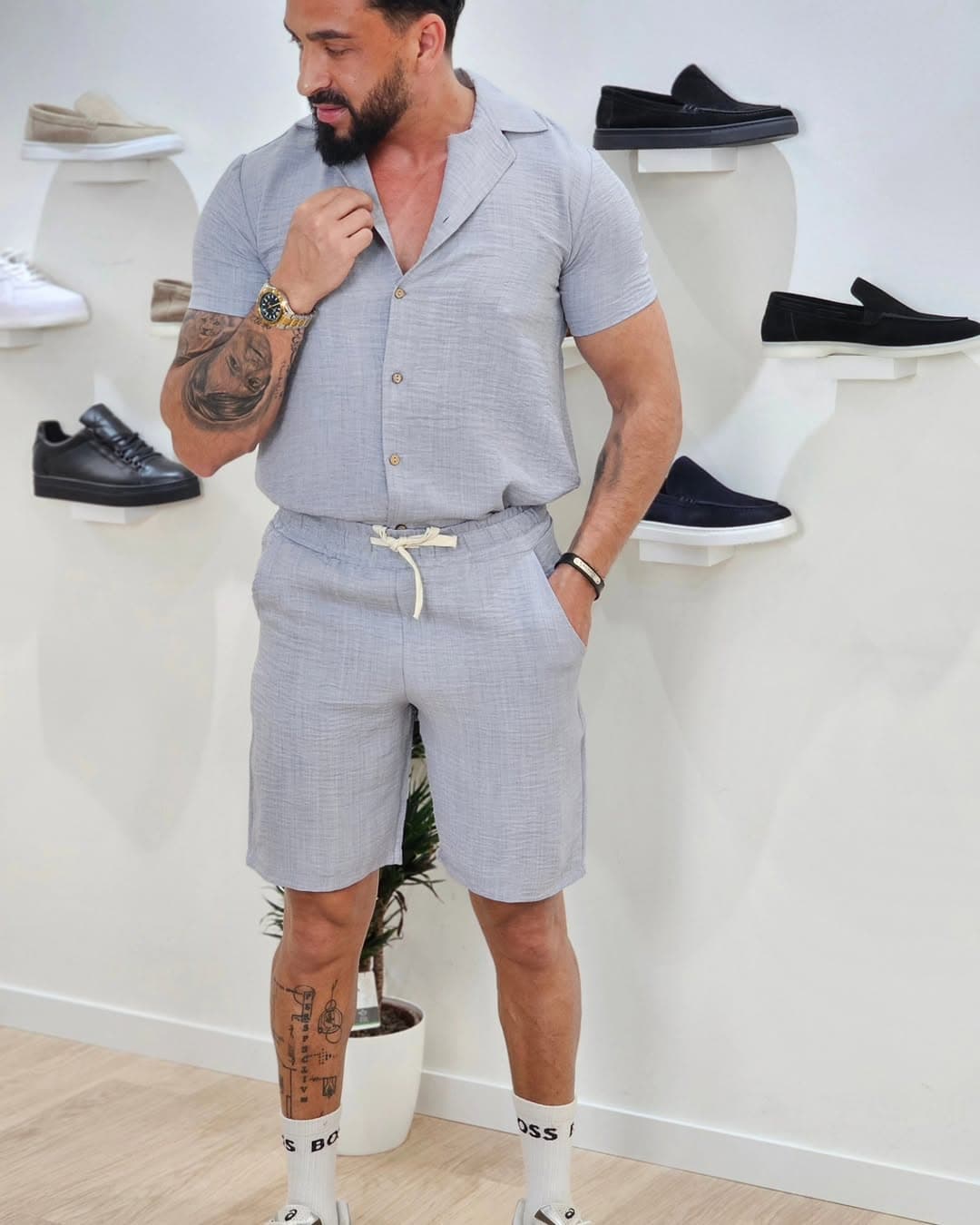 Set van effen shirt en korte broek Grijs 16615