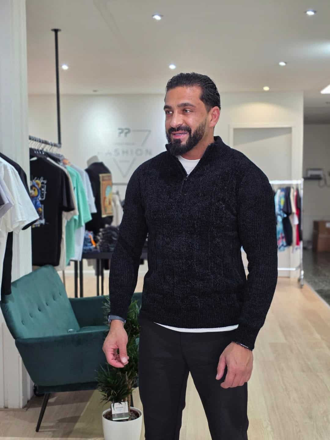 Gebreide KabelTrui met Ritssluiting Zwart 088