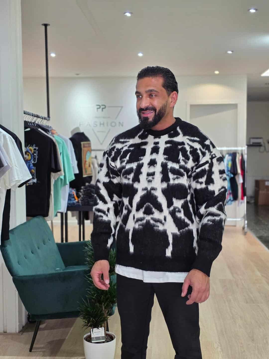 Oversized Trui Met Abstract Print Zwart Wit