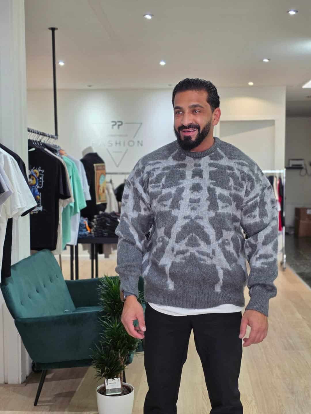 Oversized Trui Met Abstract Print Grijs Wit