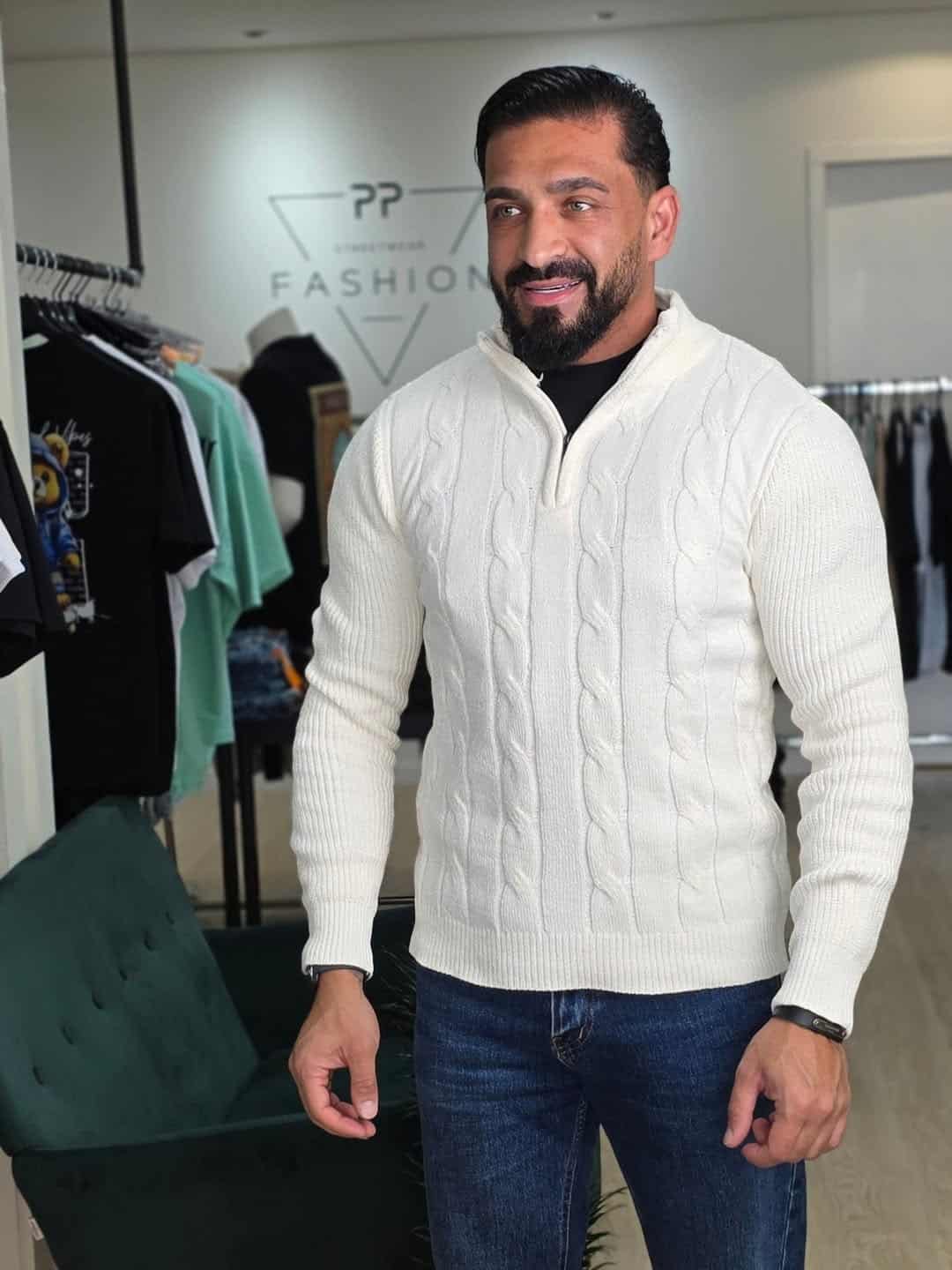 Gebreide KabelTrui met Ritssluiting Gebroken Wit 088