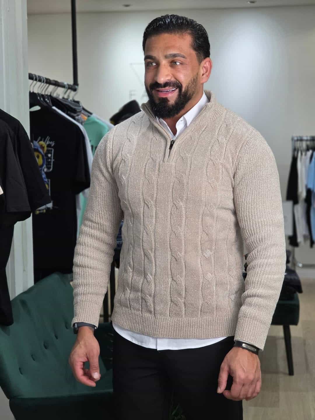 Gebreide KabelTrui met Ritssluiting Beige 088