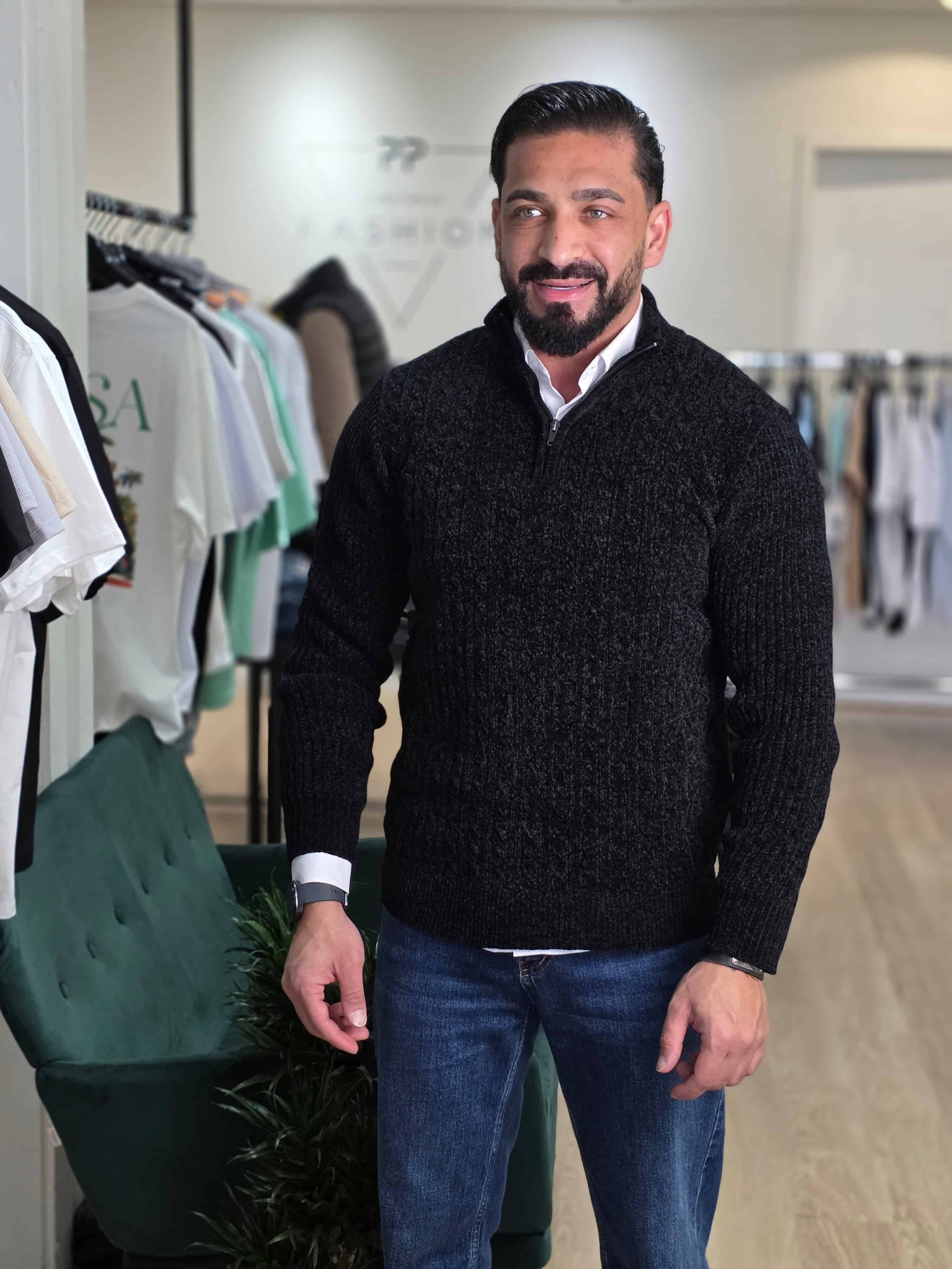 Gebreide KabelTrui met Ritssluiting Zwart 087