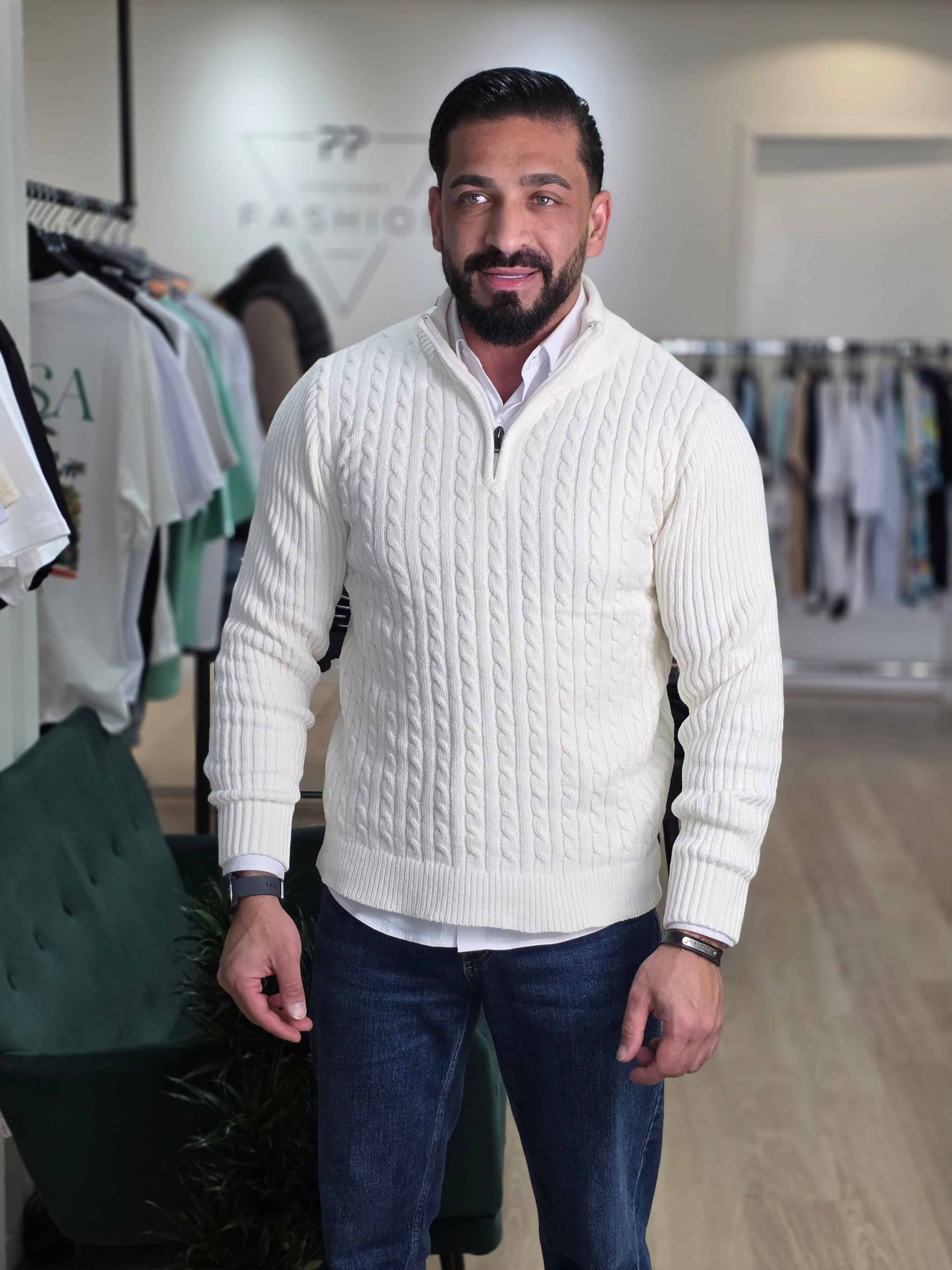 Gebreide KabelTrui met Ritssluiting Gebroken Wit 087