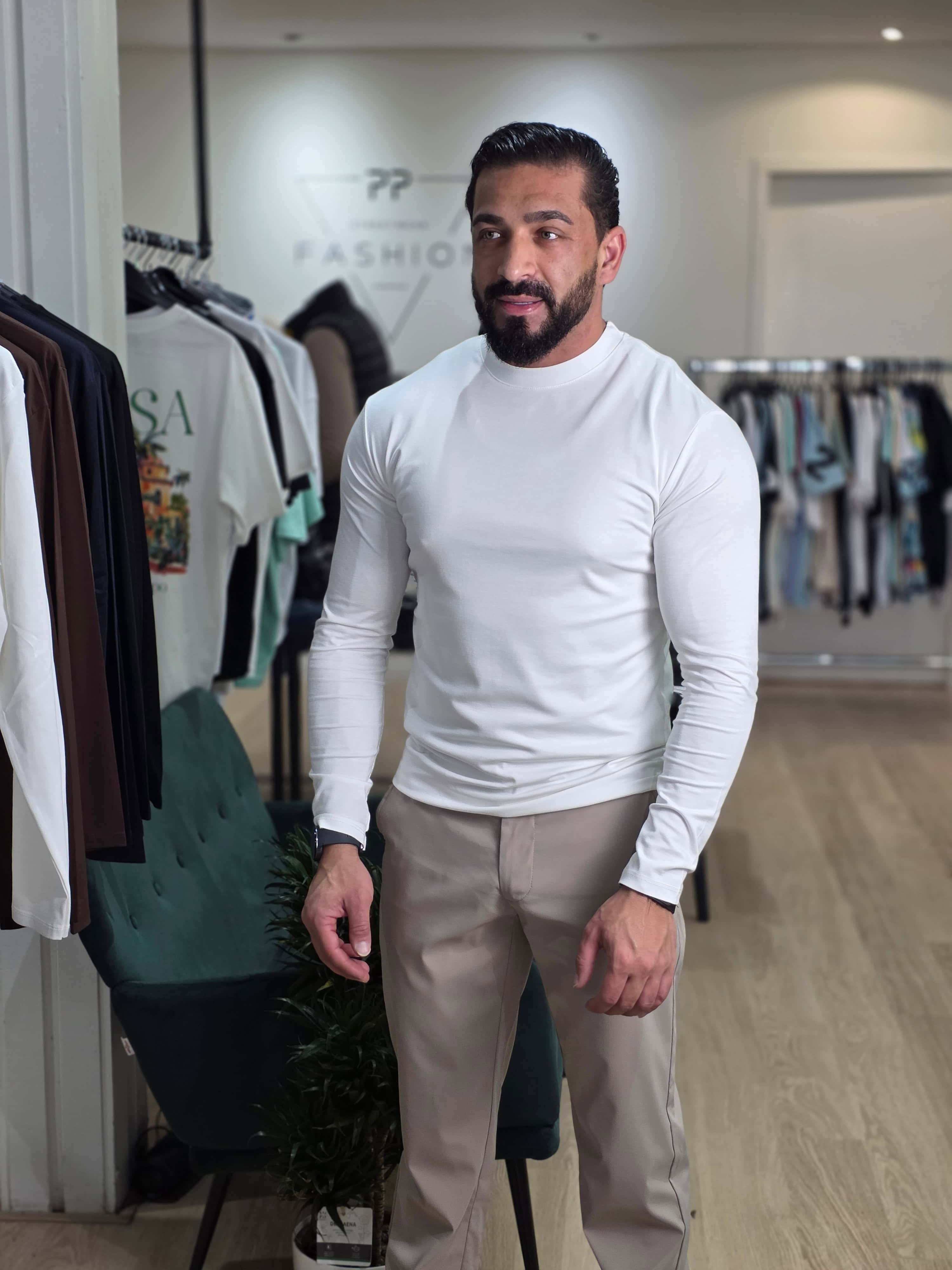 Longsleeve Stretch Glans Shirt Gebroken Wit 7049