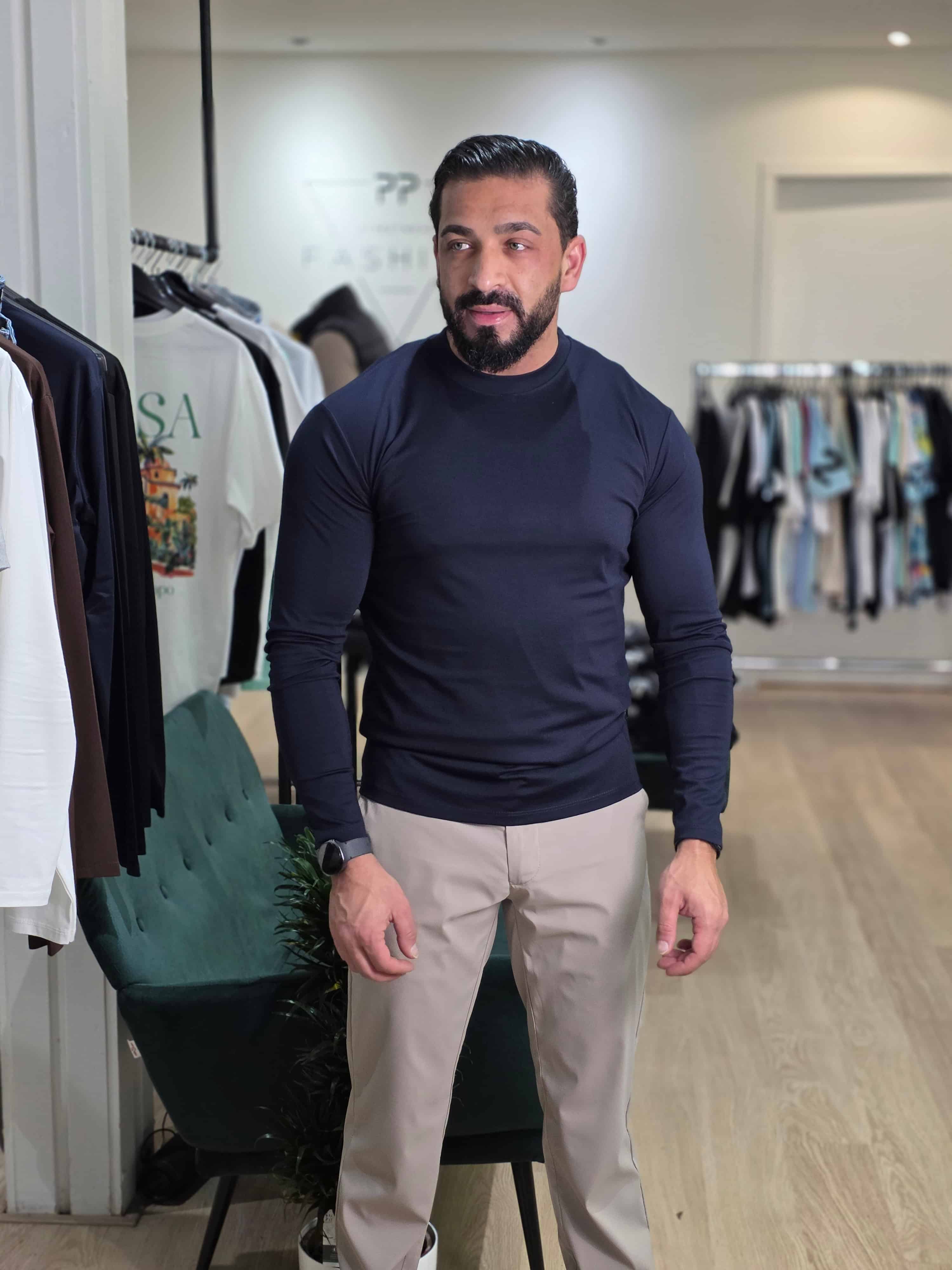 Longsleeve Stretch Glans Shirt Donker Blauw 7049