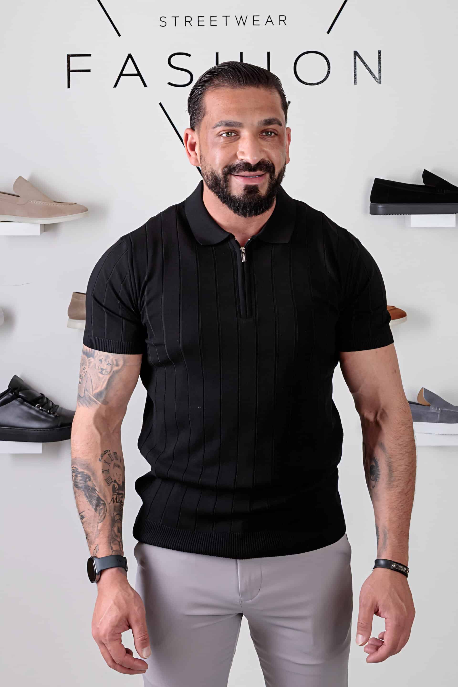 Ribbed Polo met Rits T-shirt Zwart 009