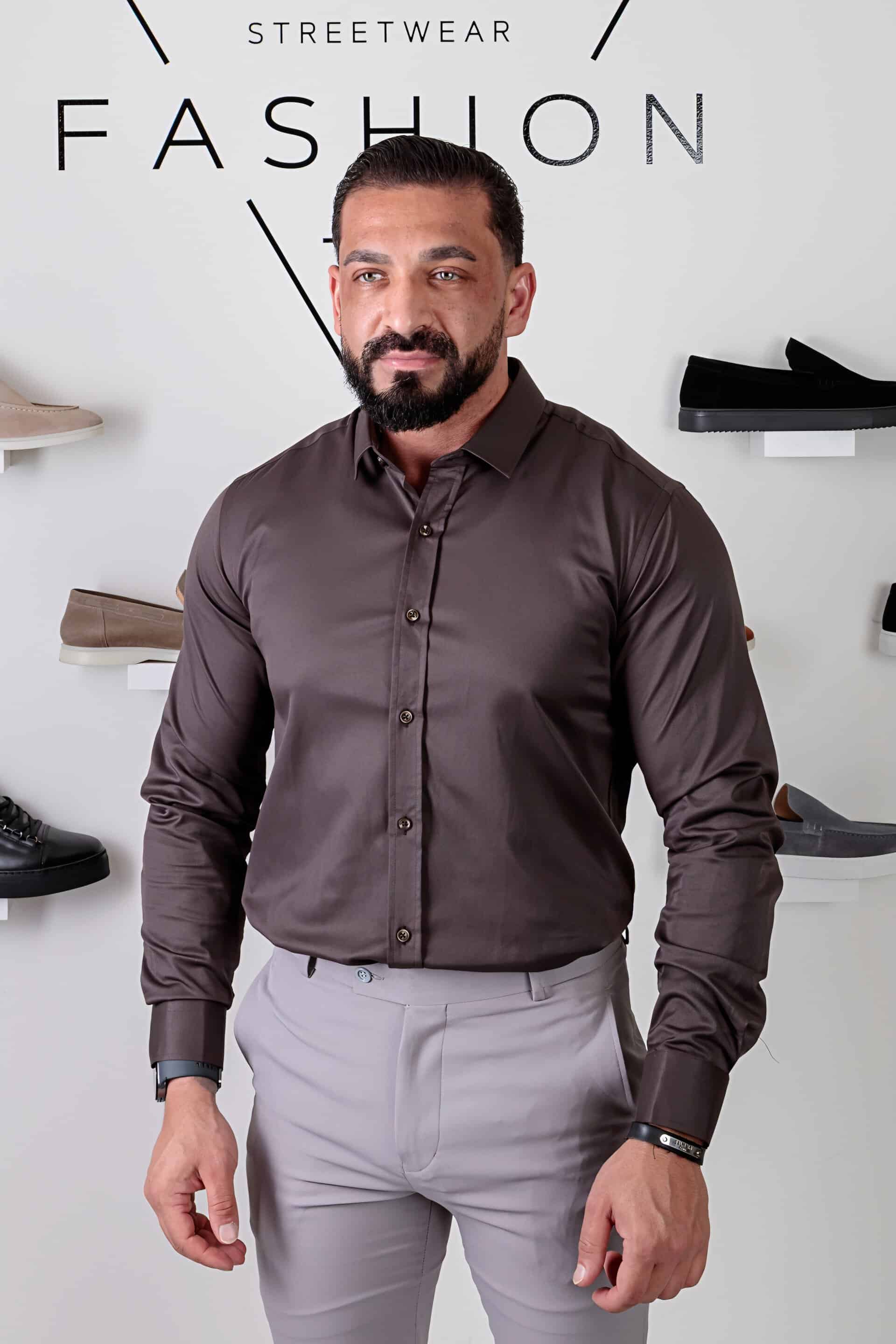 Lycra Overhemd Slimfit Stretch Bruin
